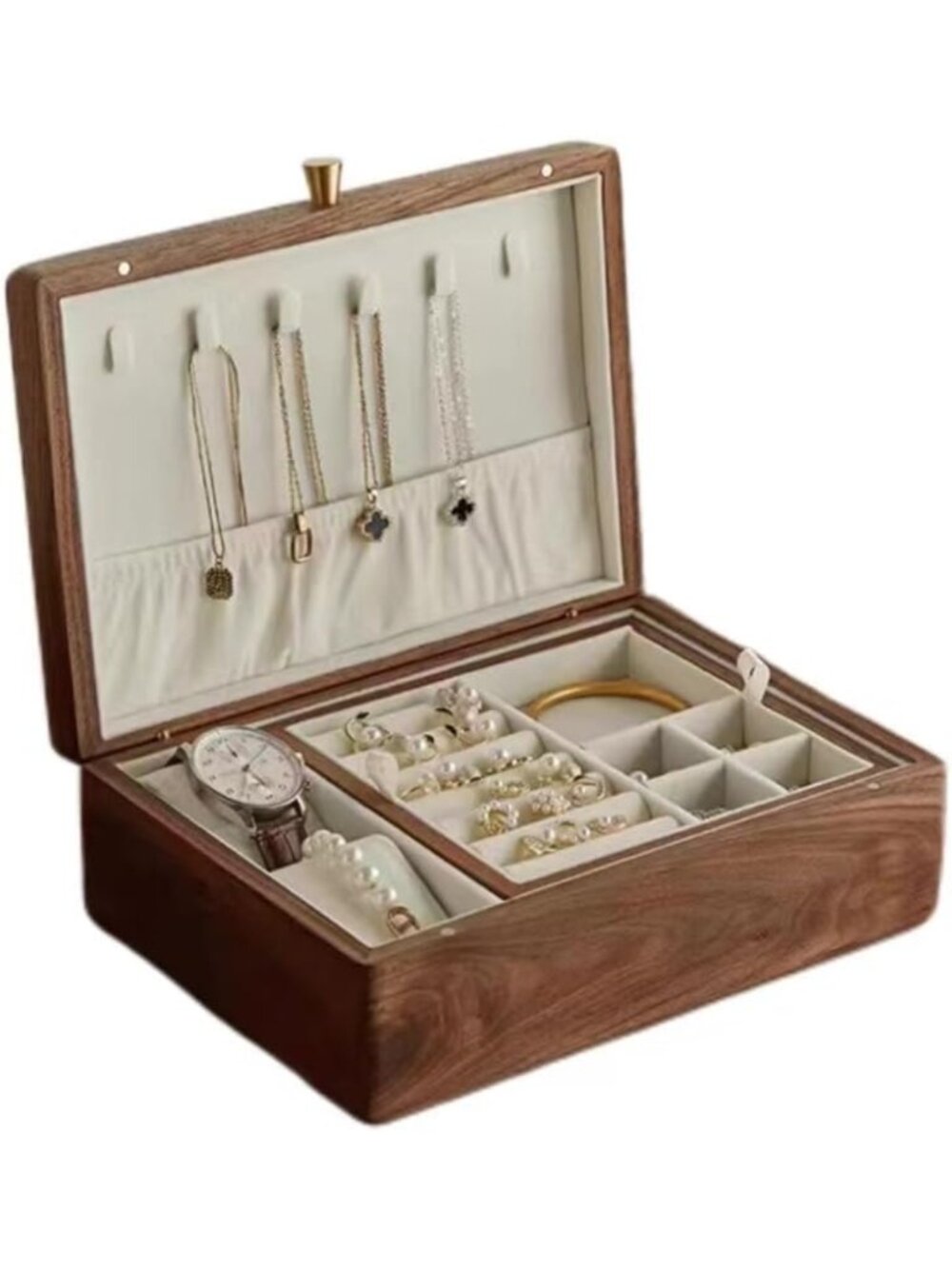 Vintage 2-Layer Solid Black Walnut Jewelry Box Organizer for Earrings, Rings